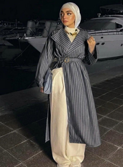 Siyah Çizgili Kumaş Kimono Abaya Kemer Detaylı Yarasa Kol