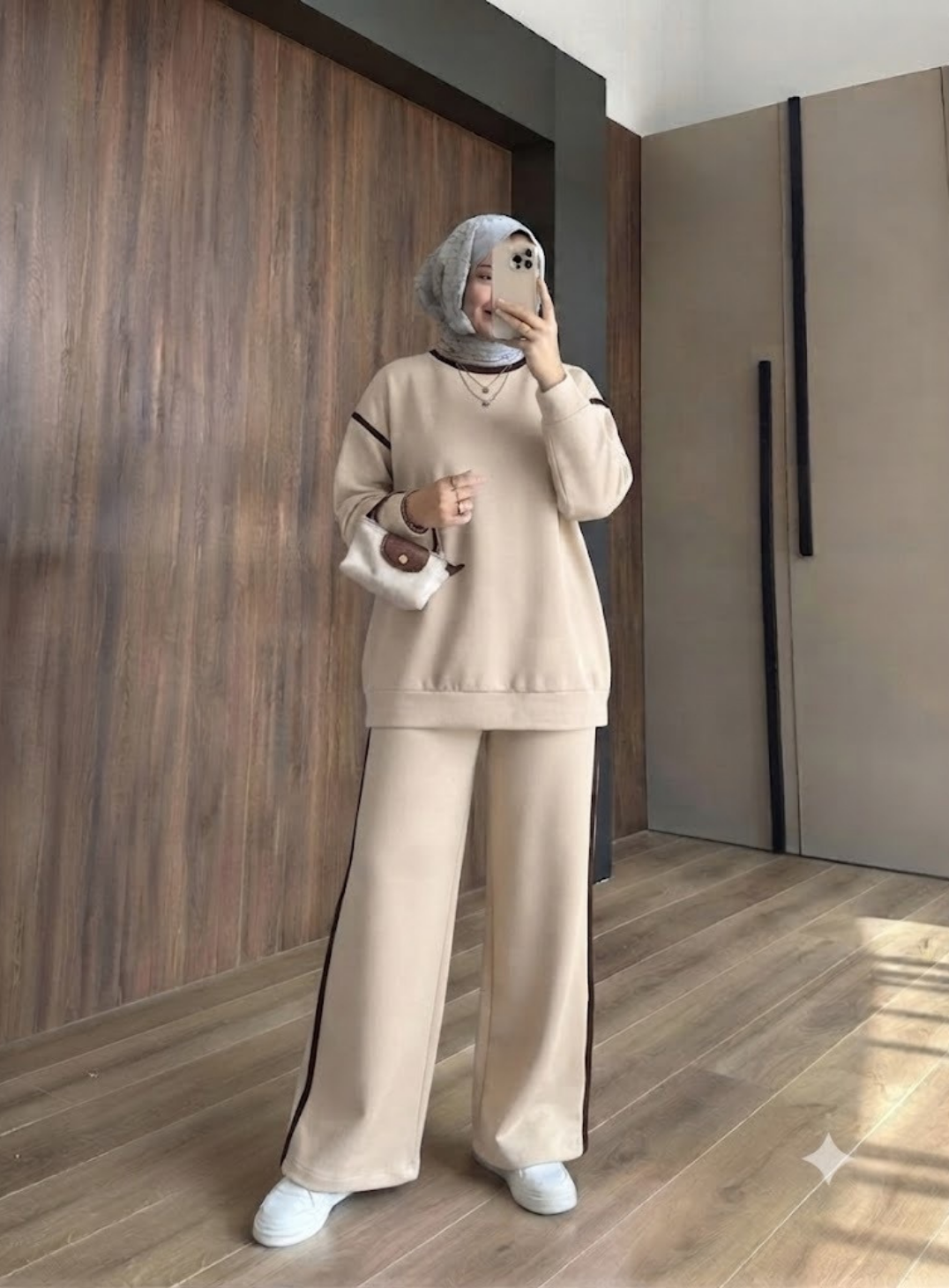 Bej Ara Biyeli Şerit Detaylı Oversize Alt üst Takım