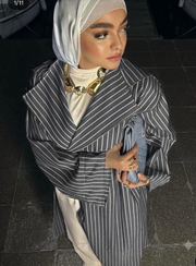 Siyah Çizgili Kumaş Kimono Abaya Kemer Detaylı Yarasa Kol