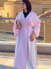 Pembe Çizgili Kumaş Kimono Abaya Kemer Detaylı Yarasa Kol