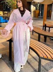 Pembe Çizgili Kumaş Kimono Abaya Kemer Detaylı Yarasa Kol