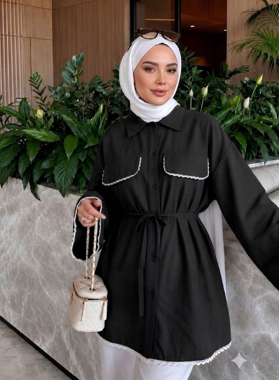 Siyah Dantel Detaylı Belden Bağlamalı Oversize Gömlek Tunik