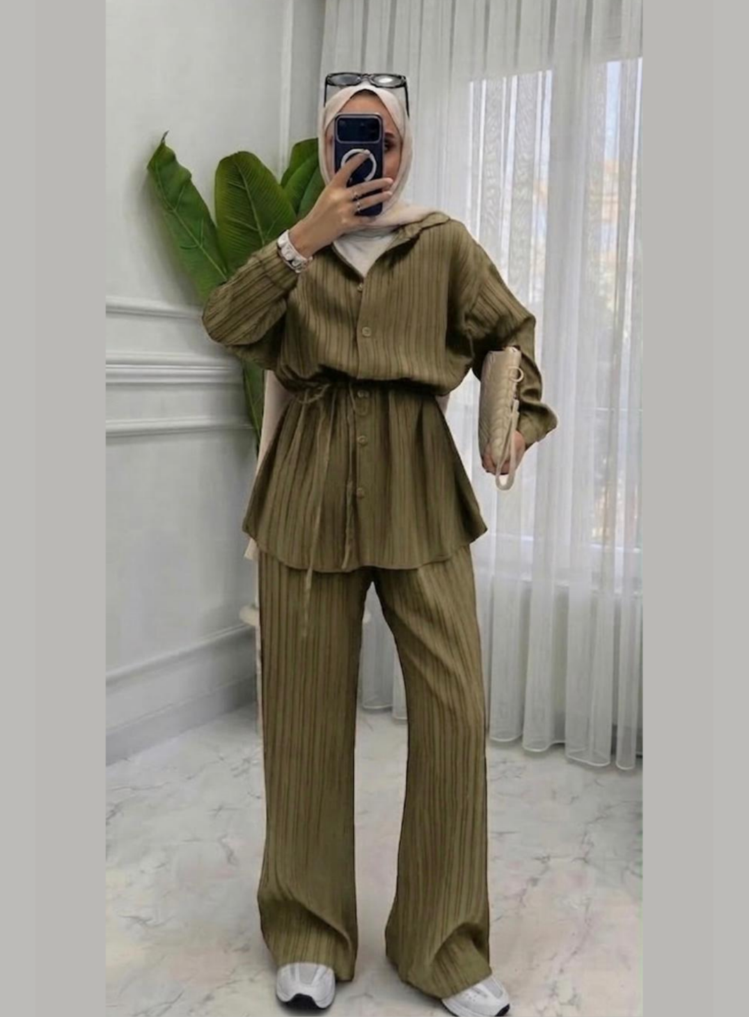 Haki Piliseli Gömlek Pantolon Takım Beli Bağcıklı
