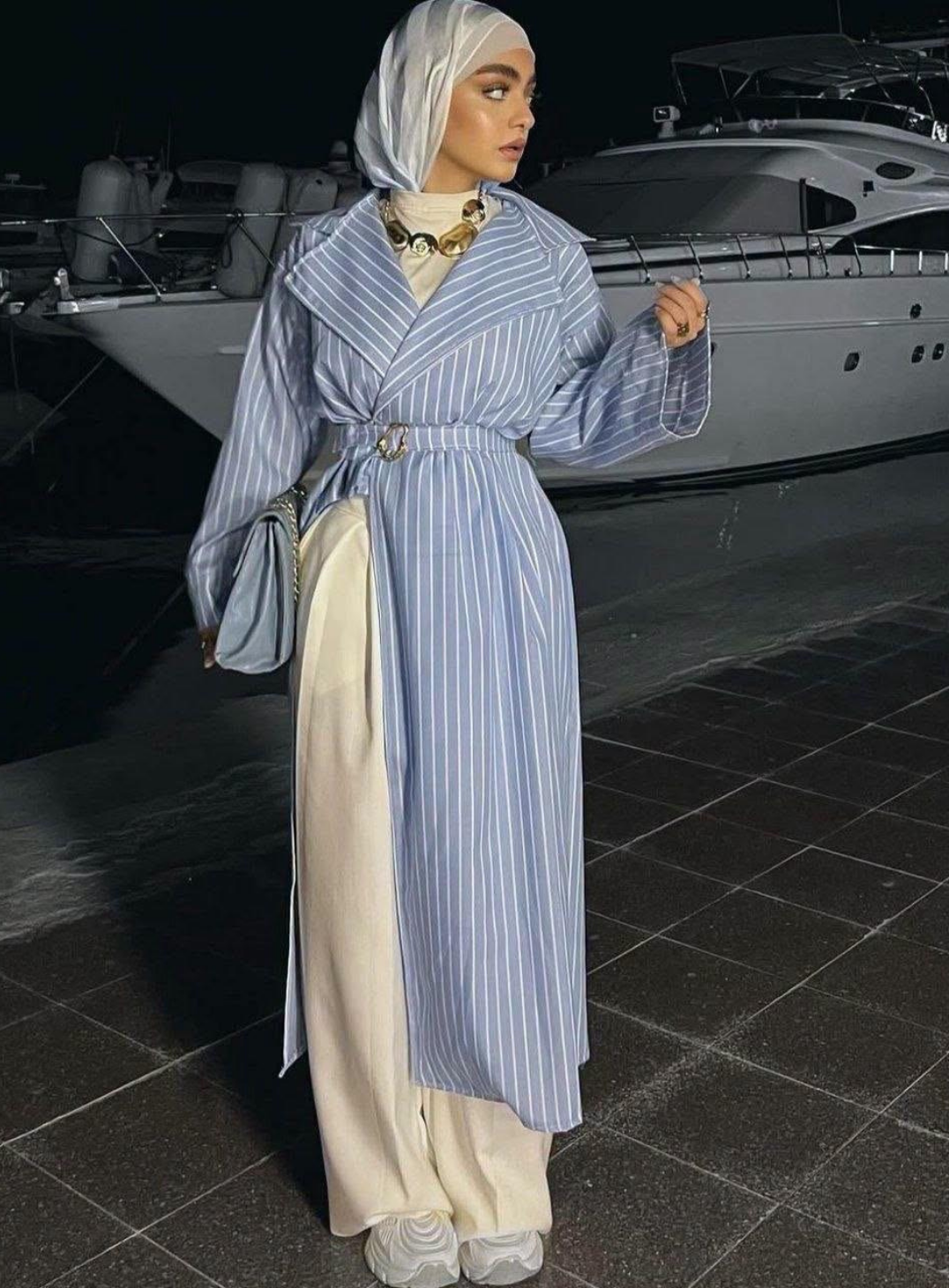 Mavi Çizgili Kumaş Kimono Abaya Kemer Detaylı Yarasa Kol