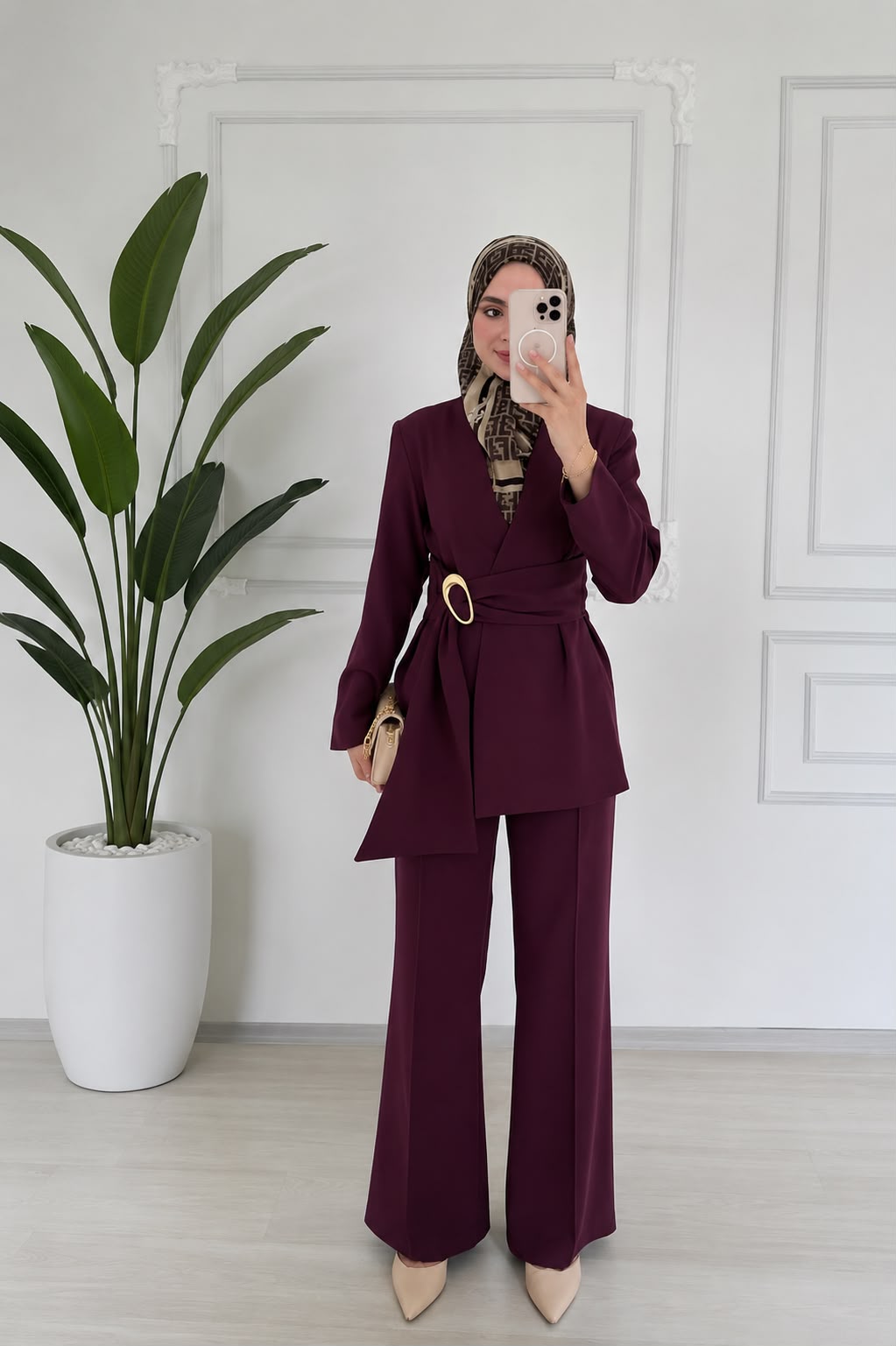 Mürdüm Kuşak Detaylı Kruvaze Ceket Pantolon Takım