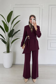 Mürdüm Kuşak Detaylı Kruvaze Ceket Pantolon Takım