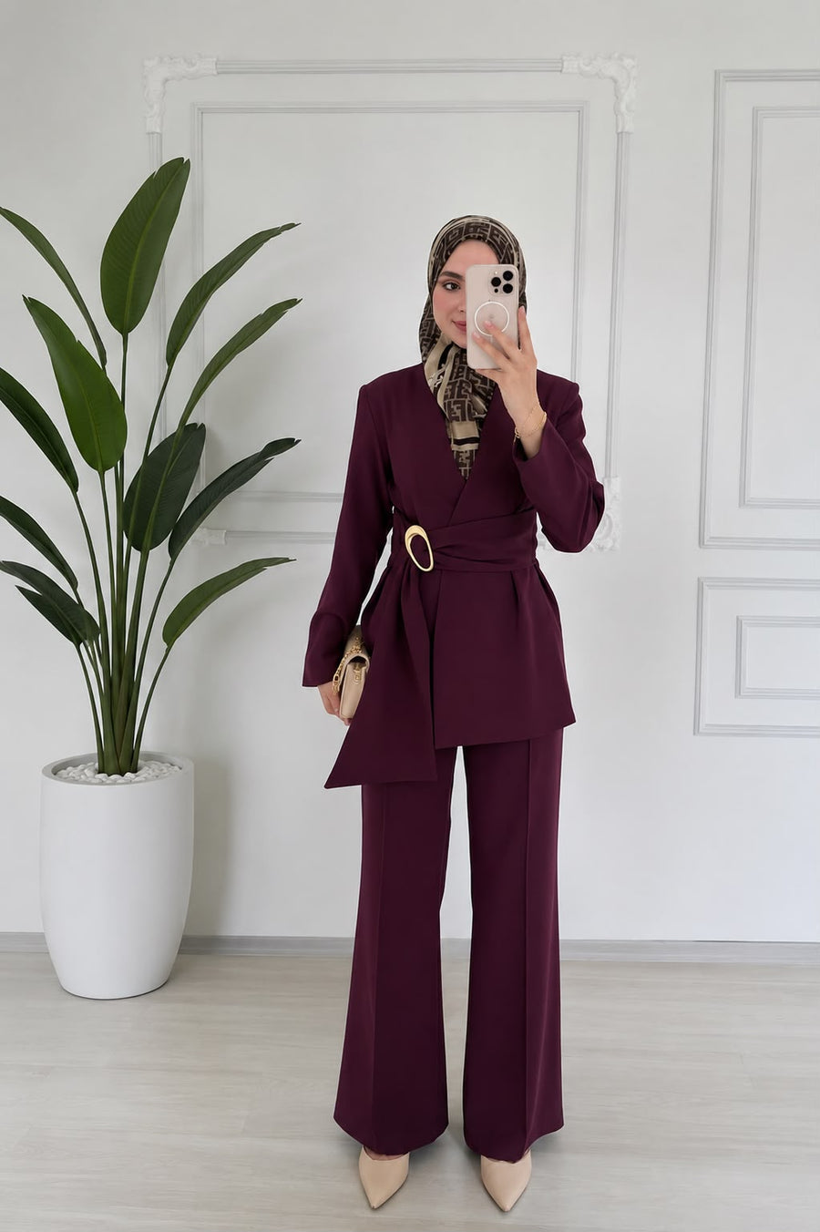 Mürdüm Kuşak Detaylı Kruvaze Ceket Pantolon Takım