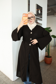 Kahverengi Yıldız Düğme Detaylı Hırka Kimono