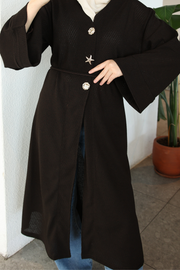 Kahverengi Yıldız Düğme Detaylı Hırka Kimono