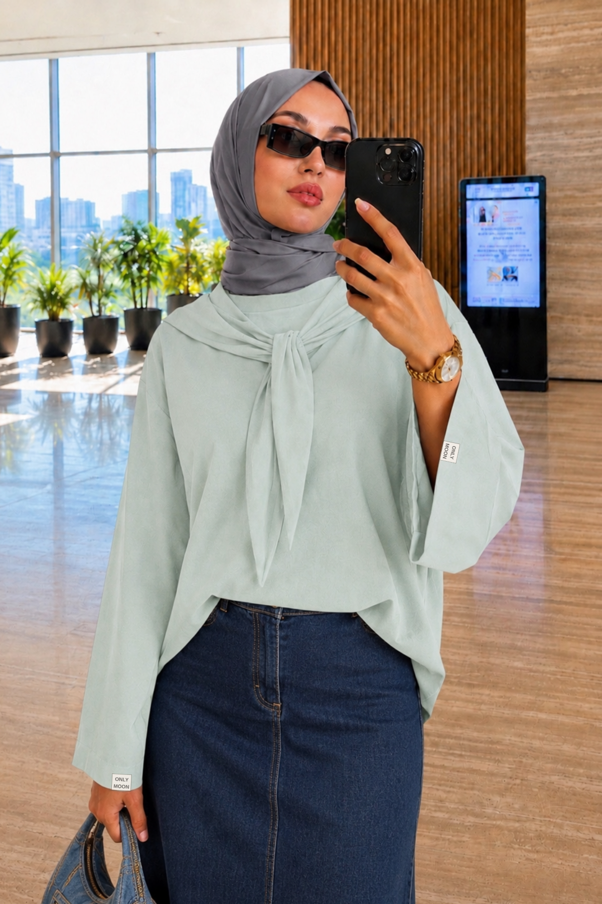 Su Yeşili Çıkarılabilir Fularlı Basic Bluz