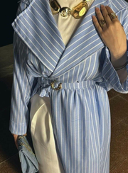 Mavi Çizgili Kumaş Kimono Abaya Kemer Detaylı Yarasa Kol