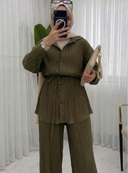 Haki Piliseli Gömlek Pantolon Takım Beli Bağcıklı
