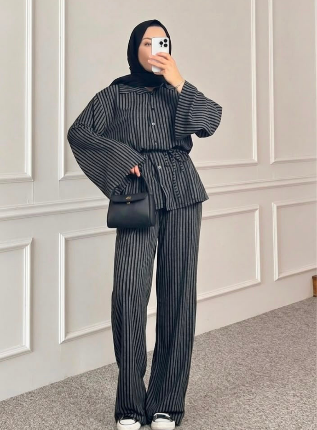 Siyah Çizgili Oversize Gömlek Pantolon Alt Üst Takım