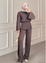 Kahverengi Çizgili Oversize Gömlek Pantolon Alt Üst Takım