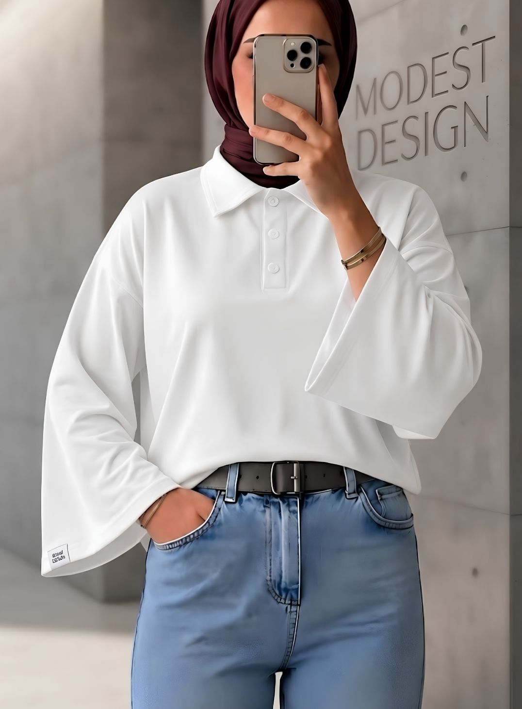 Beyaz Polo Yaka Geniş Kol Penye Body