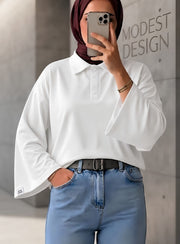 Beyaz Polo Yaka Geniş Kol Penye Body
