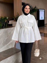 Beyaz Dantel Detaylı Belden Bağlamalı Oversize Gömlek Tunik