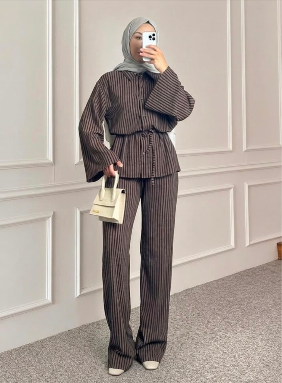 Kahverengi Çizgili Oversize Gömlek Pantolon Alt Üst Takım