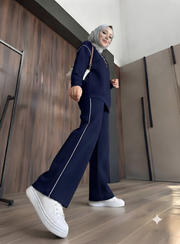 Lacivert Ara Biyeli Şerit Detaylı Oversize Alt üst Takım