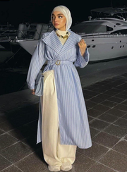 Mavi Çizgili Kumaş Kimono Abaya Kemer Detaylı Yarasa Kol