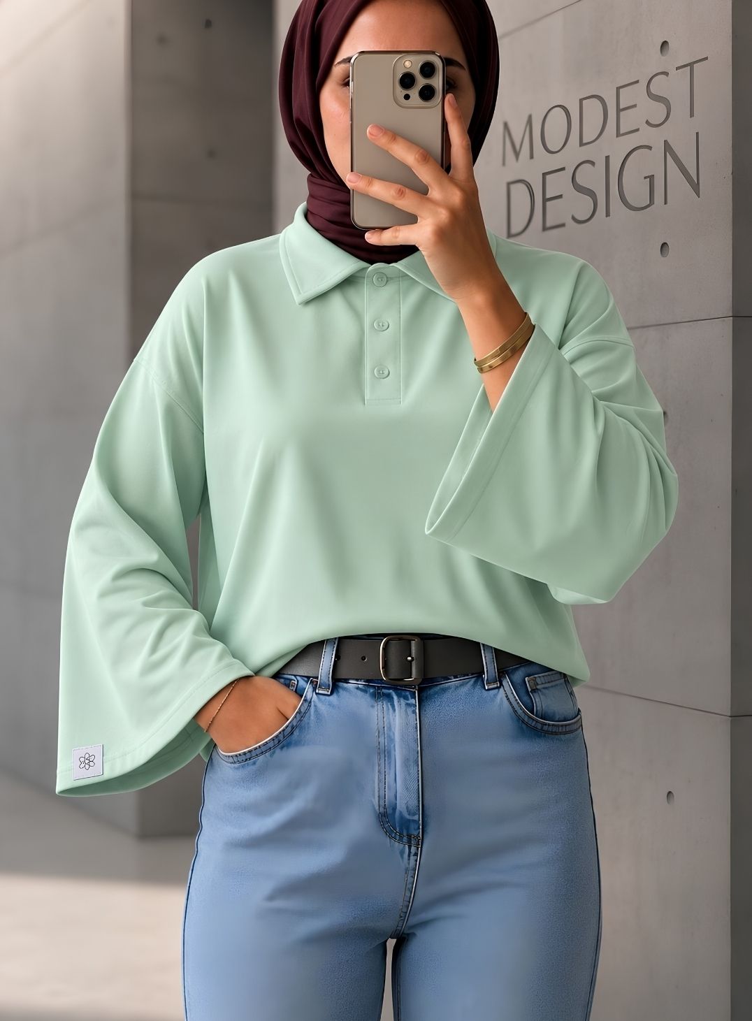 Su Yeşili Polo Yaka Geniş Kol Penye Body