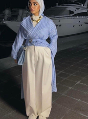 Mavi Çizgili Kumaş Kimono Abaya Kemer Detaylı Yarasa Kol