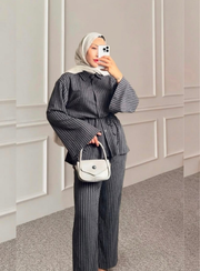Gri Çizgili Oversize Gömlek Pantolon Alt Üst Takım