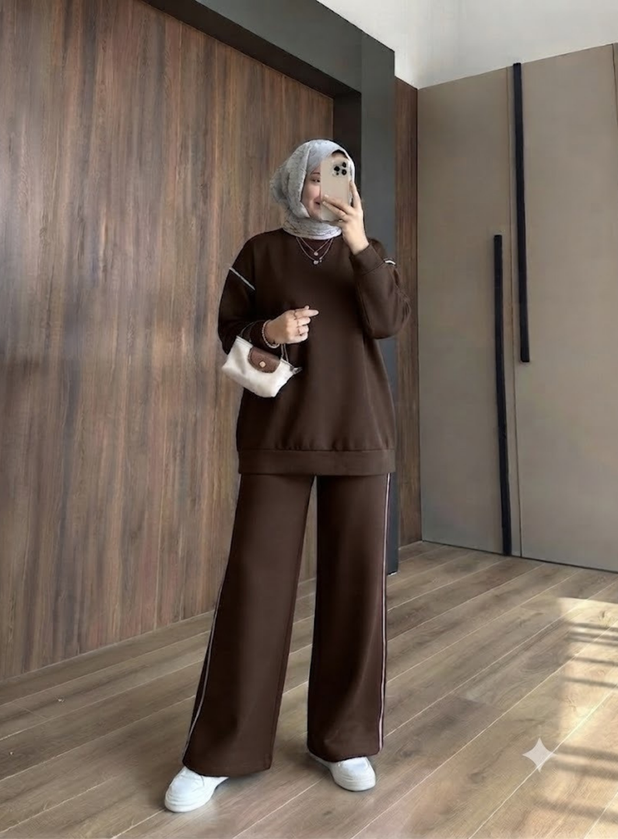 Kahverengi Ara Biyeli Şerit Detaylı Oversize Alt üst Takım