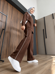 Kahverengi Ara Biyeli Şerit Detaylı Oversize Alt üst Takım