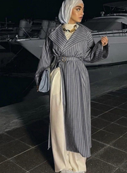 Siyah Çizgili Kumaş Kimono Abaya Kemer Detaylı Yarasa Kol