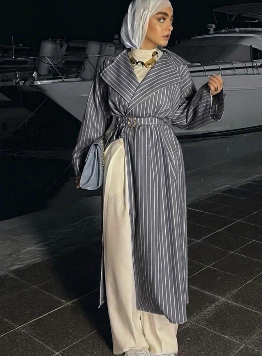 Siyah Çizgili Kumaş Kimono Abaya Kemer Detaylı Yarasa Kol