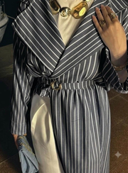 Siyah Çizgili Kumaş Kimono Abaya Kemer Detaylı Yarasa Kol
