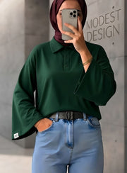 Yeşil Polo Yaka Geniş Kol Penye Body