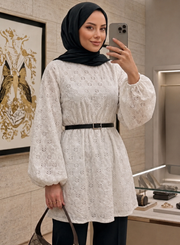 Beyaz %100 Pamuklu Tunik Astarlı Kemerli