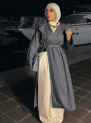 Siyah Çizgili Kumaş Kimono Abaya Kemer Detaylı Yarasa Kol