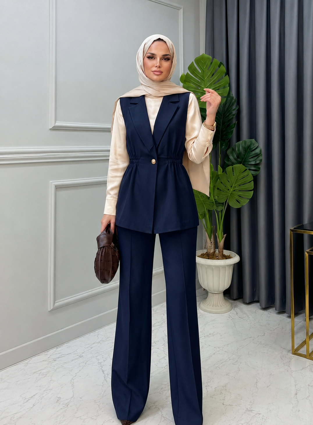 Lacivert Double Krep Kumaş Yelek Pantolon Takım