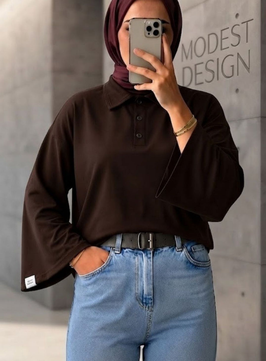 Kahverengi Polo Yaka Geniş Kol Penye Body
