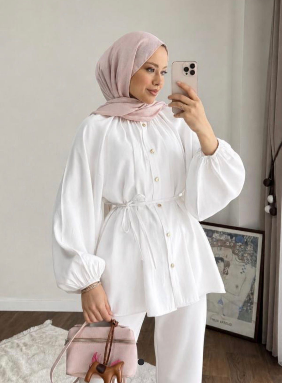 Beyaz Reglan Kol Oversize Bel Bağlamalı Tesettür Gömlek