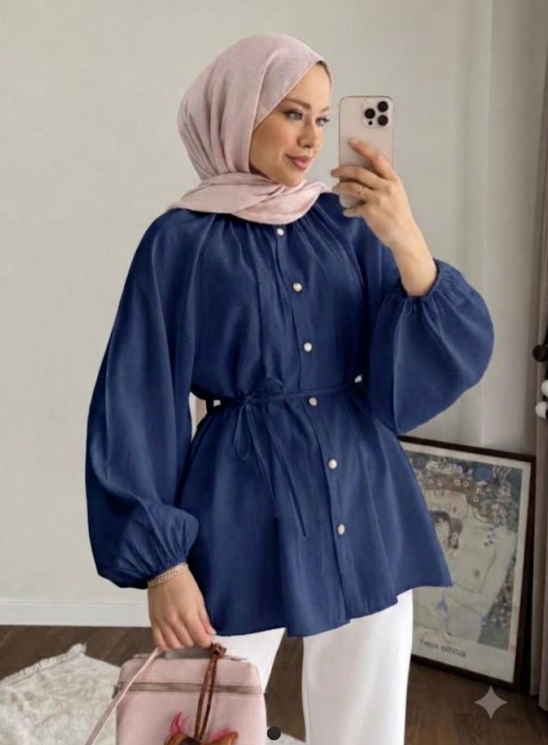 Lacivert Reglan Kol Oversize Bel Bağlamalı Tesettür Gömlek