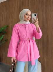 Pembe Uzun Kuşaklı Gömlek Toka Detaylı