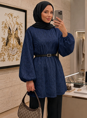 Lacivert %100 Pamuklu Tunik Astarlı Kemerli