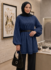 Lacivert %100 Pamuklu Tunik Astarlı Kemerli